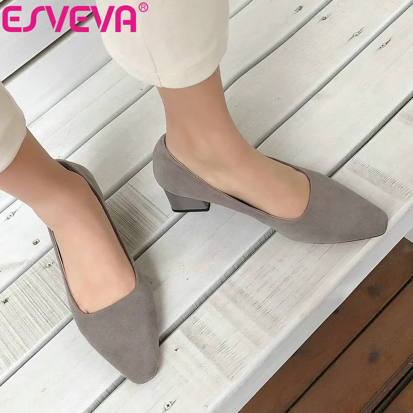 

ESVEVA 2019 Women Pumps Shallow Concise Square Toe Shoes Square High Heels PU Basic Sandals Slip on Women Shoes Pumps Size 34-41