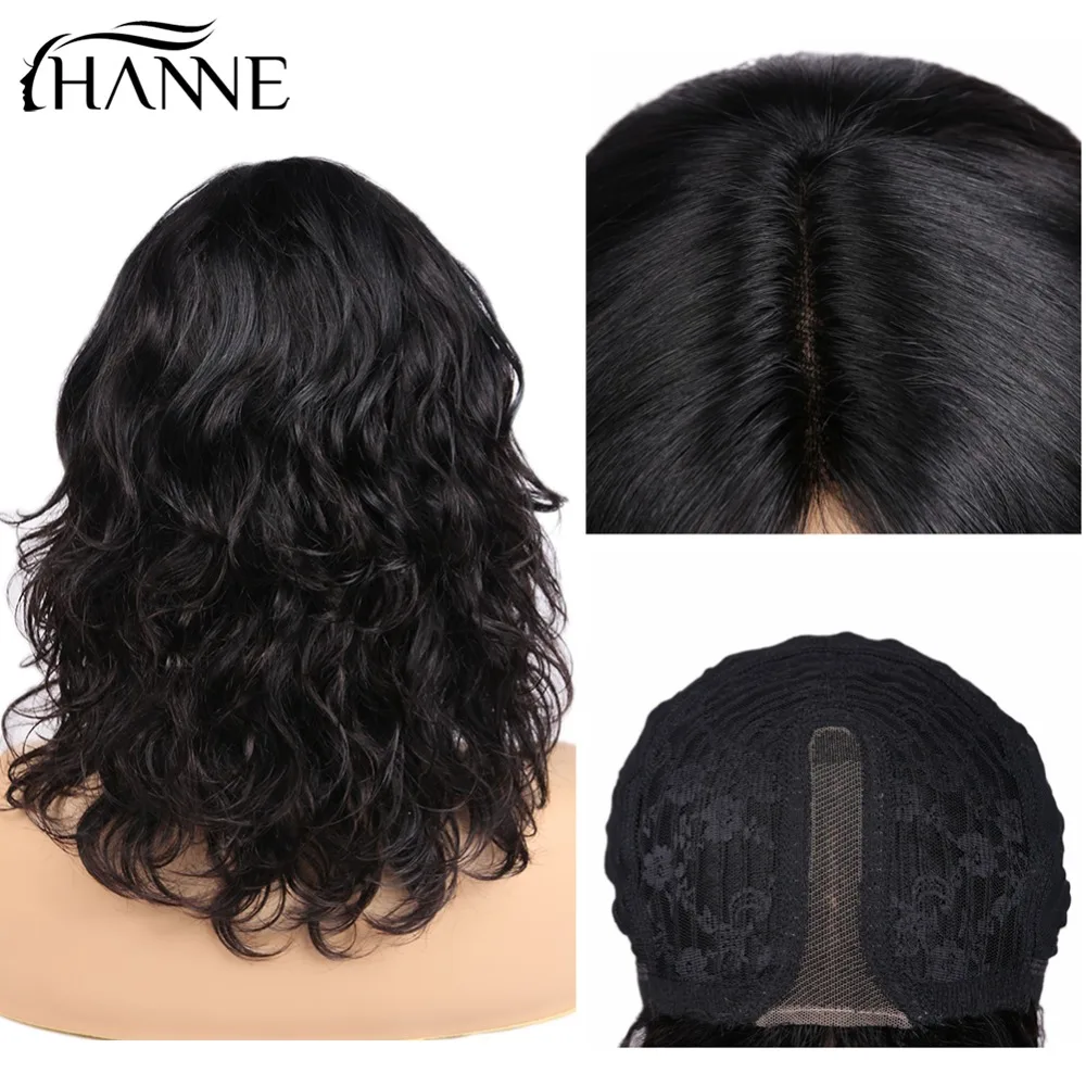 Ханне бразильские кружева часть средней части человеческих волос парики для Для женщин Реми естественная волна черный короткий парик-Боб