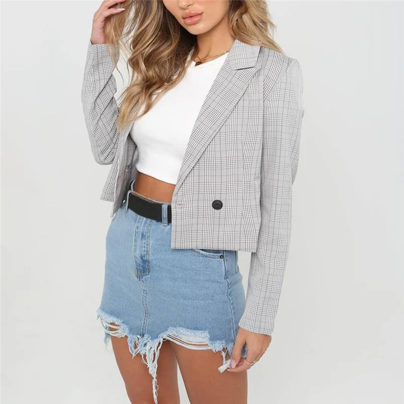 Плед пальто Для женщин осень 2018 длинный рукав короткий пиджак Open Front Jacket Офисная женская одежда пальто для девочек # S10