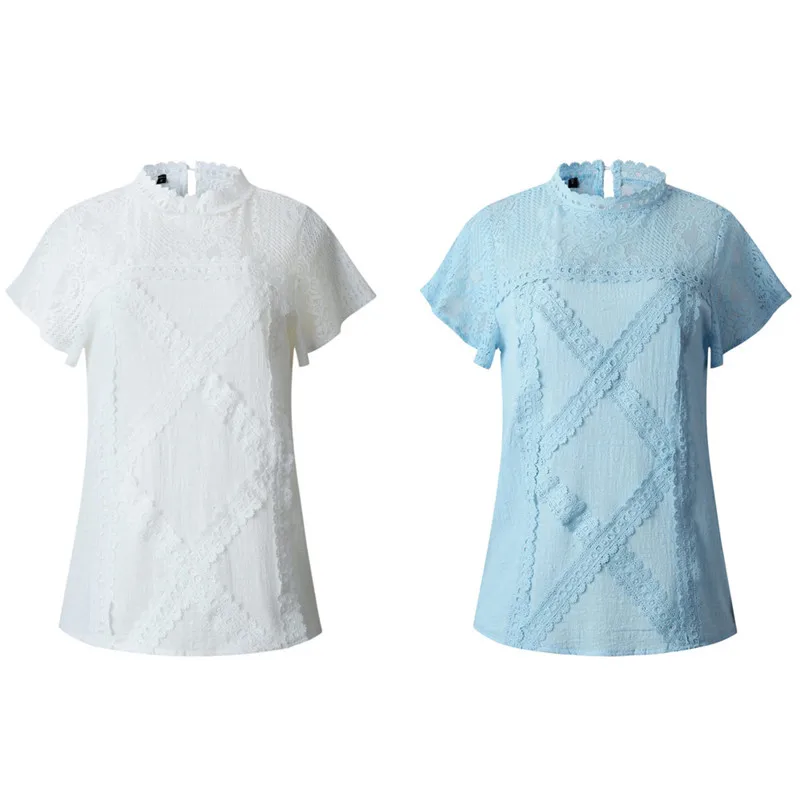 

New Fashion Hot Floral Lace Retro Hollow Sleeves Tops Women's T-shirt Summer Simple And Versatile Short-sleeved Round Neck