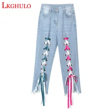 LKGHULO лето плюс Размеры нерегулярные кружева до середины талии ботильоны Длина High Street свободные прямые Для женщин джинсы A731
