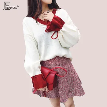 

Autumn Winter Pullovers Basic Wear Women Fashion Flare Sleeve Casual Tops Cute Sweet Girls Red Blue Knit V Neck Sweaters 9016