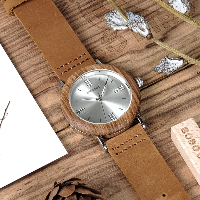 BOBO BIRD Crystal Men Watches Wooden Bezel Steel Watch with Brown Leather Strap in Gift Box