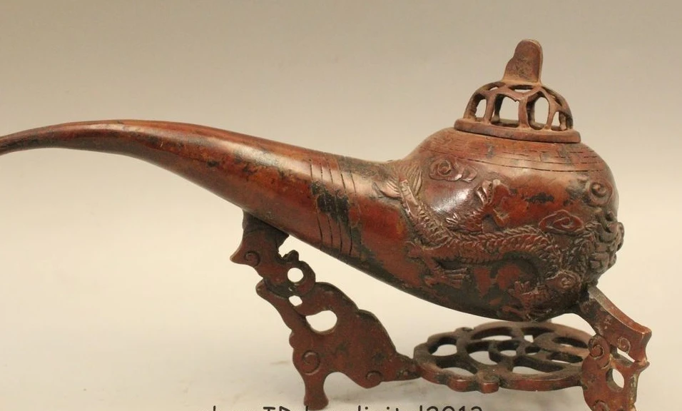 

5"Marked China Chinese Bronze tobacco pipe Dragon Incense Burner Censer Statue