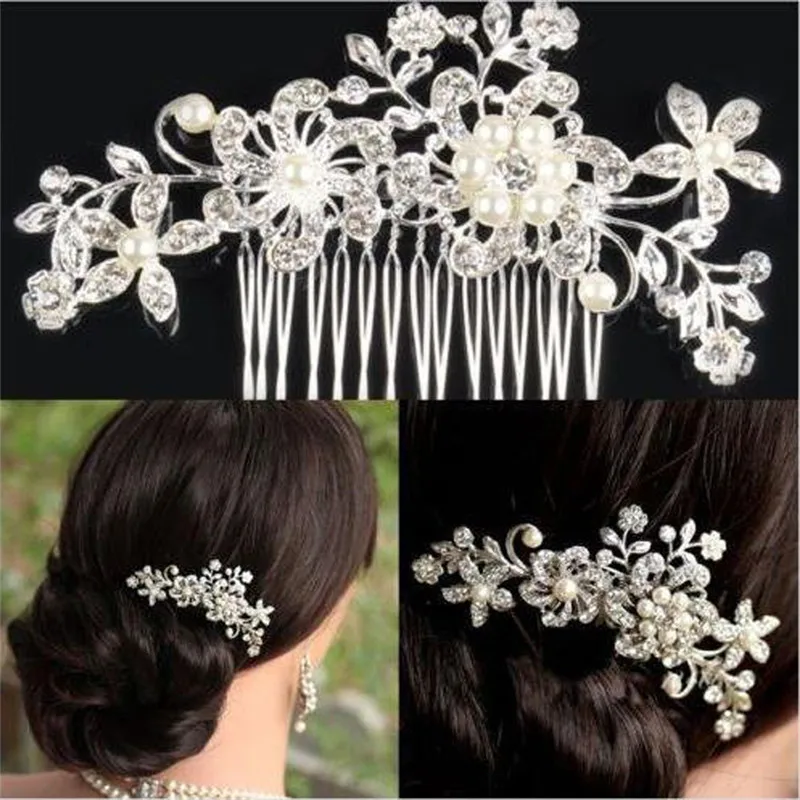 2017 New Women Bridal Wedding Flower Diamante Crystal Rhinestones Pearls Hair Comb A DROPSHING