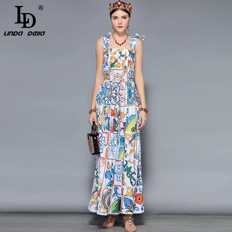 Cena LD LINDA DELLA projektant mody maxi sukienki damskie niebieski biały kwiatowy Print lato Boho wakacje długa sukienka w stylu casual