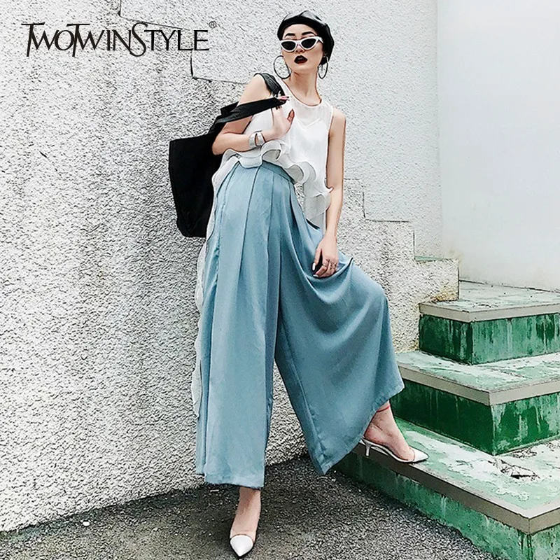 

TWOTWINSTYLE High Waist Trousers For Women Ruched Long Wide Leg Pants Basic Loose Big Size Casual Summer Female Clothing 2018