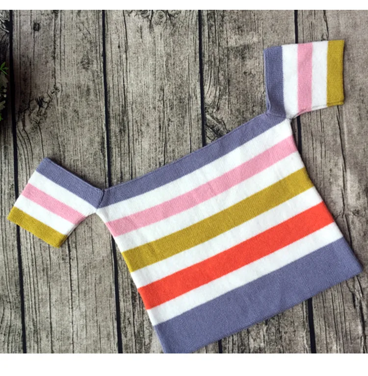 Пикантные женские с открытыми плечами Knit Crop Top красочный полосатый топ в рубчик пляжная одежда Рубашки женские короткие футболки повседневные облегающие уличная