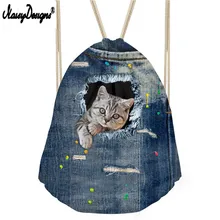Маленький женский мешочек с завязками, милый Детский 3D Джинсовый Рюкзак с принтом кота собаки, спортивный женский рюкзак на шнурке, дорожная сумка для хранения