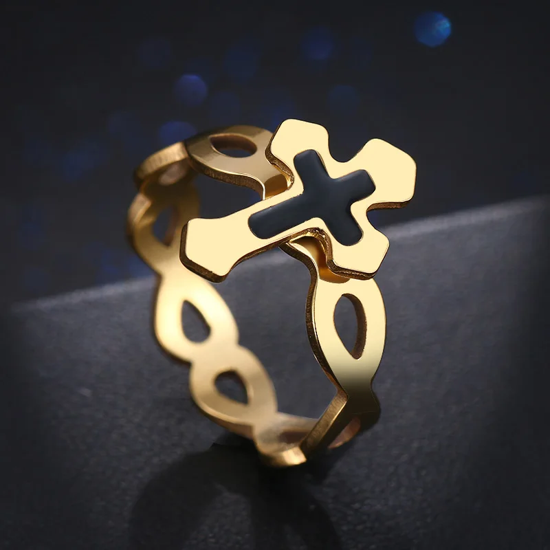 

Hibobi Stainless Steel Rings christian ring jesus cross Letter bible Gold wedding band ring men women