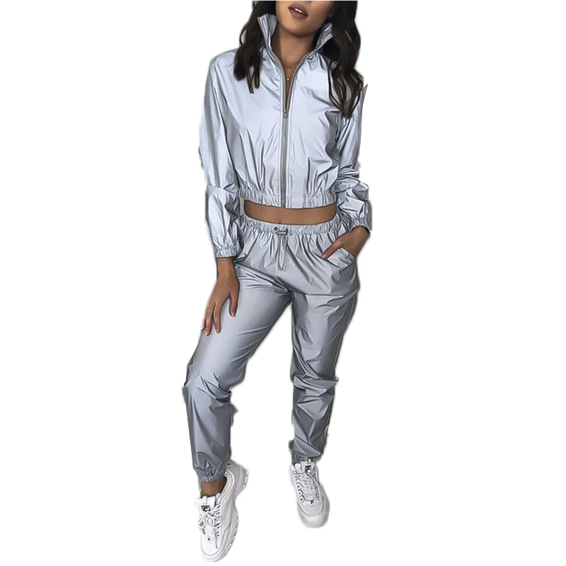 

2 Piece Set Women New Reflective Leisure Suit Two-piece Long Sleeve Women Clothes Conjunto Femenino Ensemble Femme Matching Sets