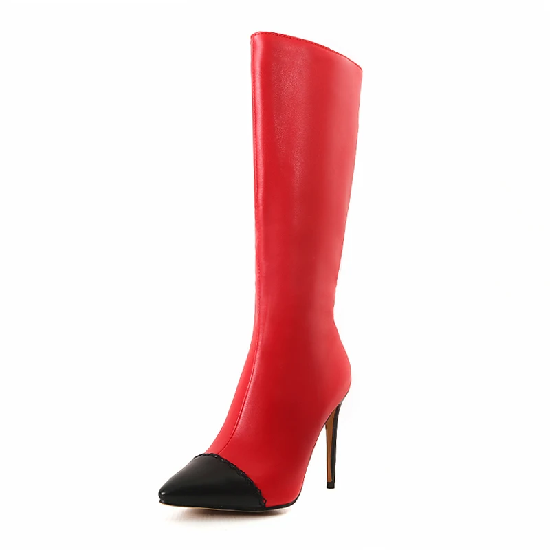 WETKISS/женские сапоги на высоком каблуке женские сапоги до колена из Pu искусственной кожи с острым носком на молнии обувь для вечеринок г. Женская зимняя обувь размера плюс 32-46 - Цвет: Красный