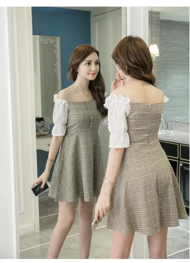 2018 Summer New Women Fresh Lattice Feifei Sleeve Dress Short Fund Leisure Time Vest Fashion A-line Dress