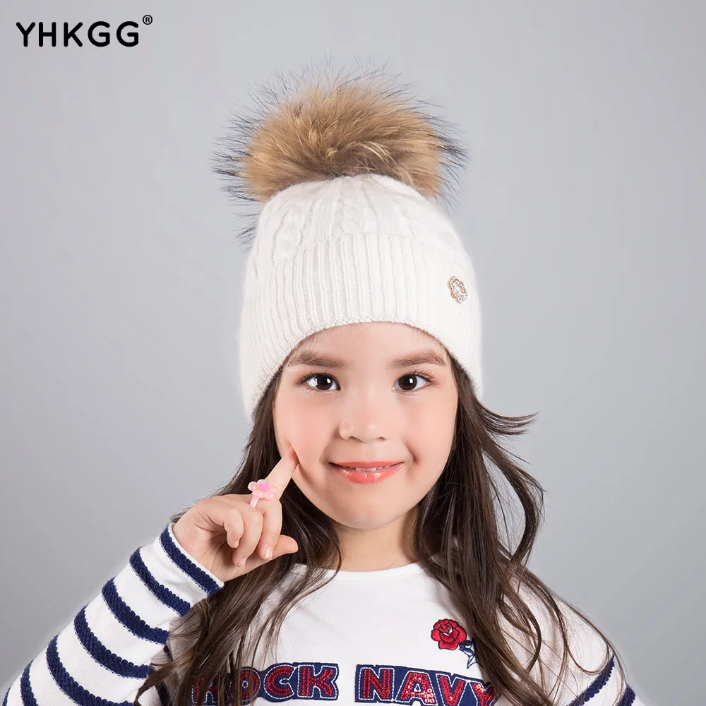 

YHKGG 2017 brand new Feitong Children Kids Raccoon Fox Fur Hats Knitted Wool Hemming Hat Girls beanies