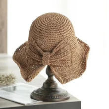 Floppy Summer Big Brim Hats For Women Beach Panama Straw Dome Bow Bucket Hat Female Gorras Solid Colors H3