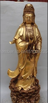 

24" Chinese Brass Bronze stand lotus flower Kwan-yin Guanyin hold Vase Statue