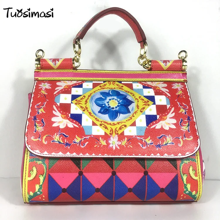

2018 luxury runways party geometry vintage retro Sicily print totes crossbody women Handbags (HB002)