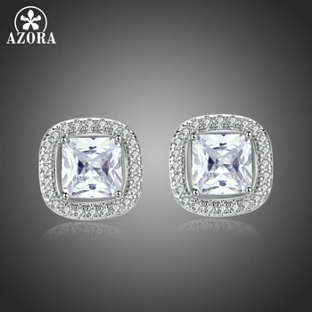 

AZORA 4 Prong Square Cut Clear Cubic Zirconia Small Stud Earrings for Women White Gold Color Jewelry Gift TE0317