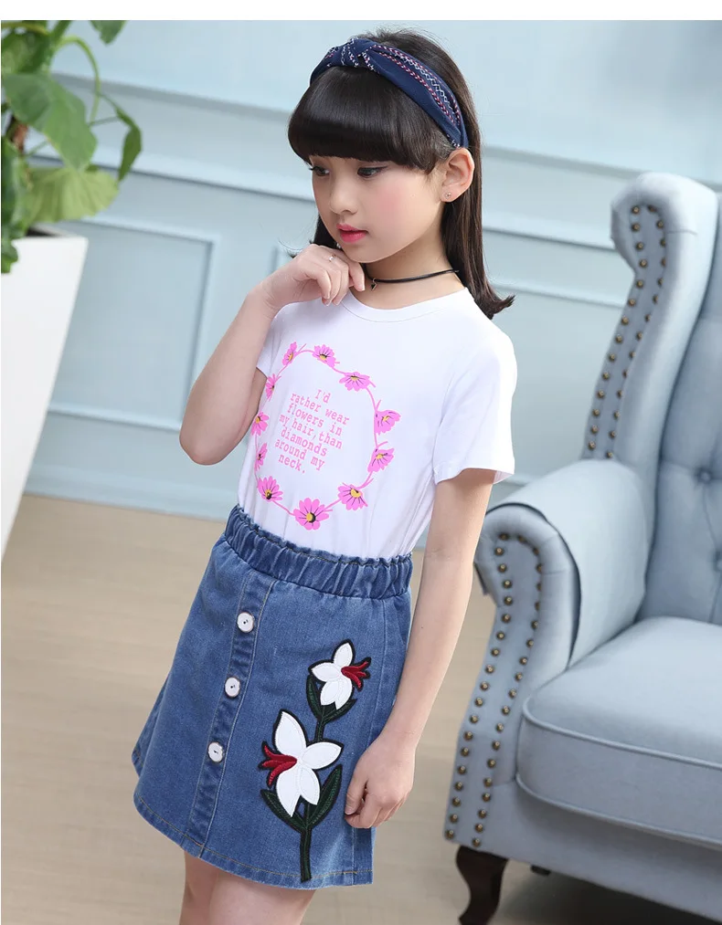 3-12 y girls summer outfits 2018 kids girls clothes set short sleeve floral t-shirt jeans skirt girl sets 12 year  (4)