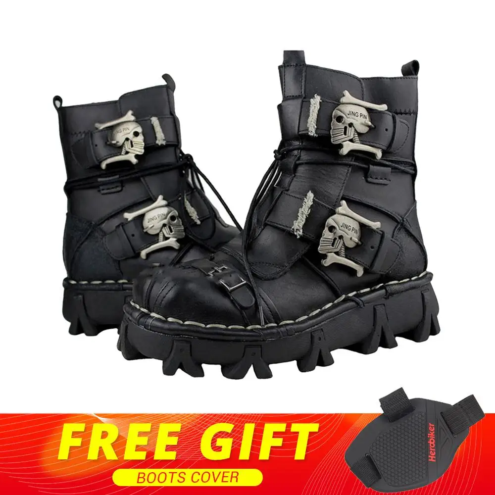 

New Motorcycle Boots Men Retro Genuine Cowhide Leather Skull Punk Martin Shoes Steampunk Biker Riding Moto Boots Protective Gear