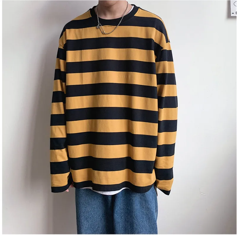 Spring And Autumn New Retro Striped Tide Men's Korean Fashion Casual Loose Long-sleeved T-shirt Yellow / Blue M-XL