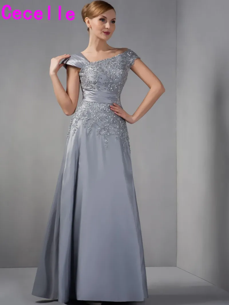 2019 Nuovo Argento Grigio Lungo di A Line In Rilievo Taffettà Madre Di Abiti  Da Sposa In Pizzo Abiti da Cerimonia di Lunghezza Del Pavimento Madre Off  spalla|mother of bride|mother of bride