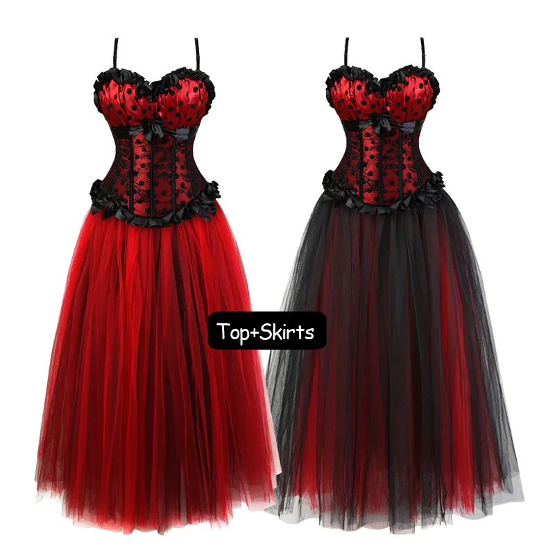 

Womens Sling top Corset Dress Women's Steampunk Clothing Vintage Halloween Costume Gothic Corsets Long Tutu Dresses Set