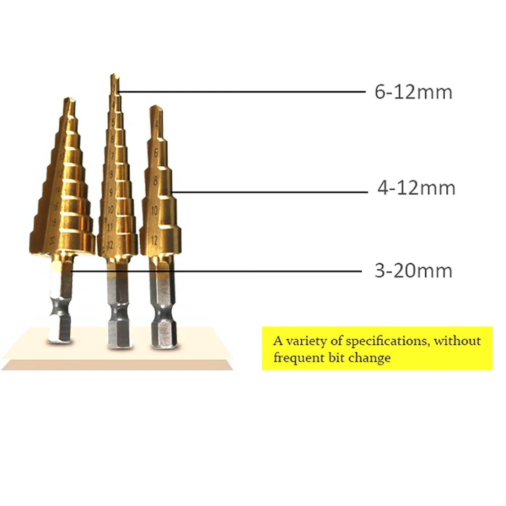 3 шт. набор конических ступенчатых сверл HSS с титановым покрытием, Дырокол 3-12, 4-12, 4-20 мм, пагода, сверла, сверла по дереву