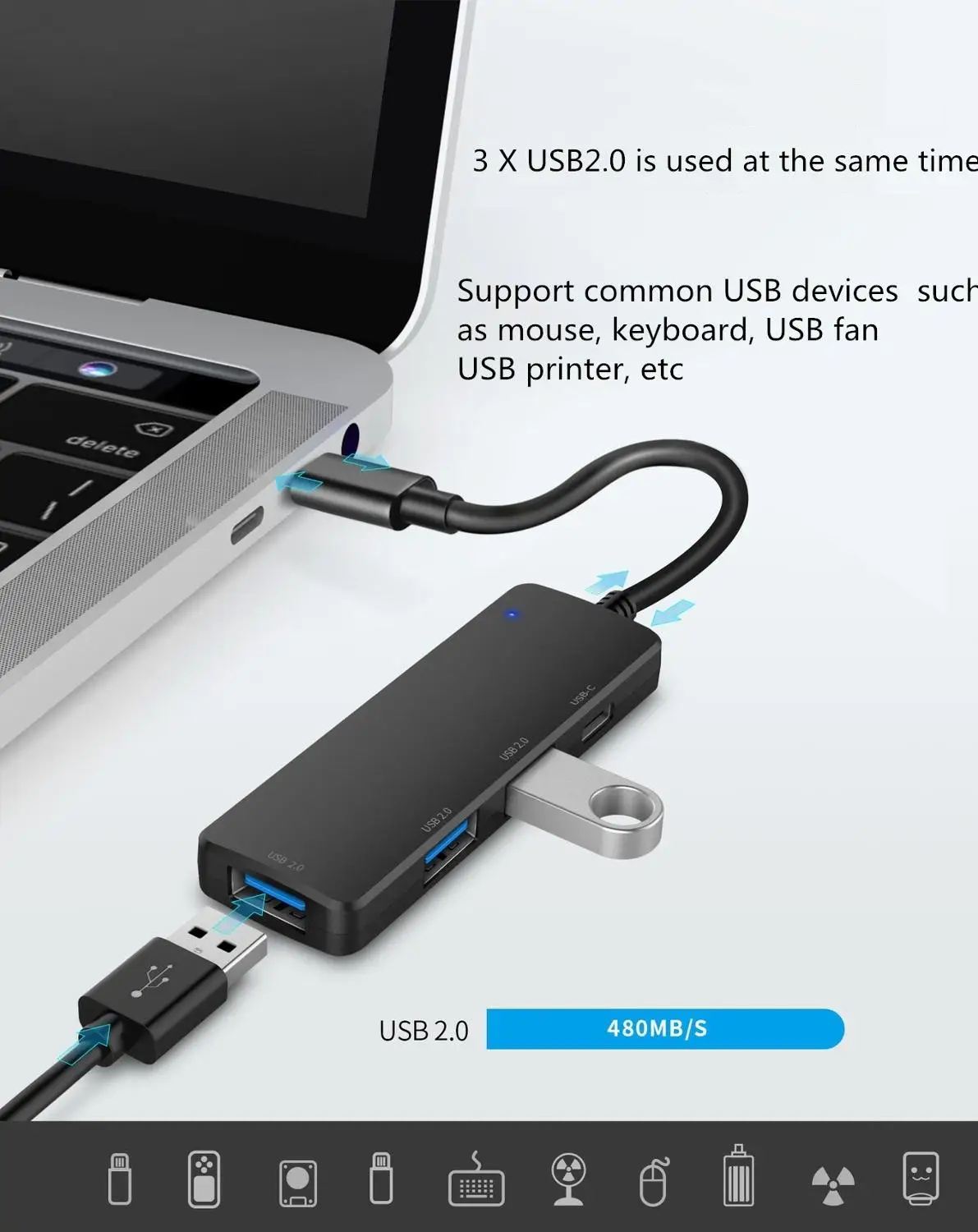 USB-A USB type c концентратор адаптер 4 порта конвертер с USB2.0* 3 Поддержка 5 В/2A зарядка 15 см usb кабель для WIN IOS Linux