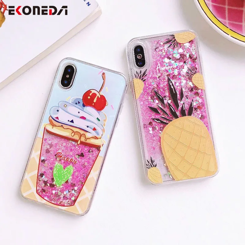 

EKONEDA Cute Ice Cream Pineapple Quicksand Case For iPhone 7 Plus Case Dynamic Liquid Back Cover For iPhone 6 6S 8 Plus X