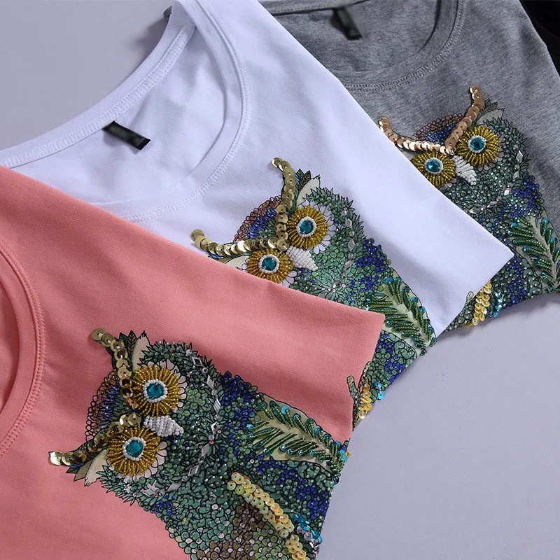 Новая модная винтажная женская футболка, летний топ с бисером, алмазными блестками, футболка с принтом совы, женские хлопковые черные топы белого размера плюс