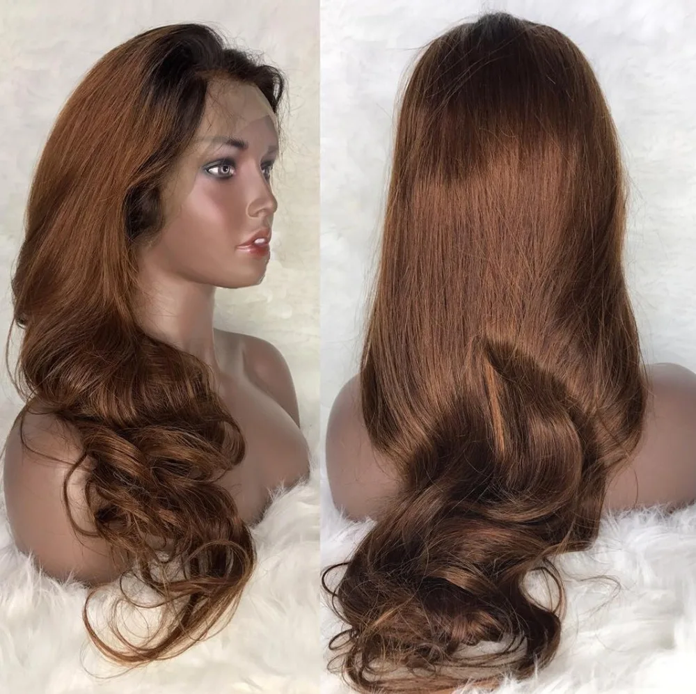 

250 Density Black Roots Ombre Brown Deep Part Wavy Preplucked Lace Front Human Hair Wig With Baby Hair Remy Brazilian Hair Wigs