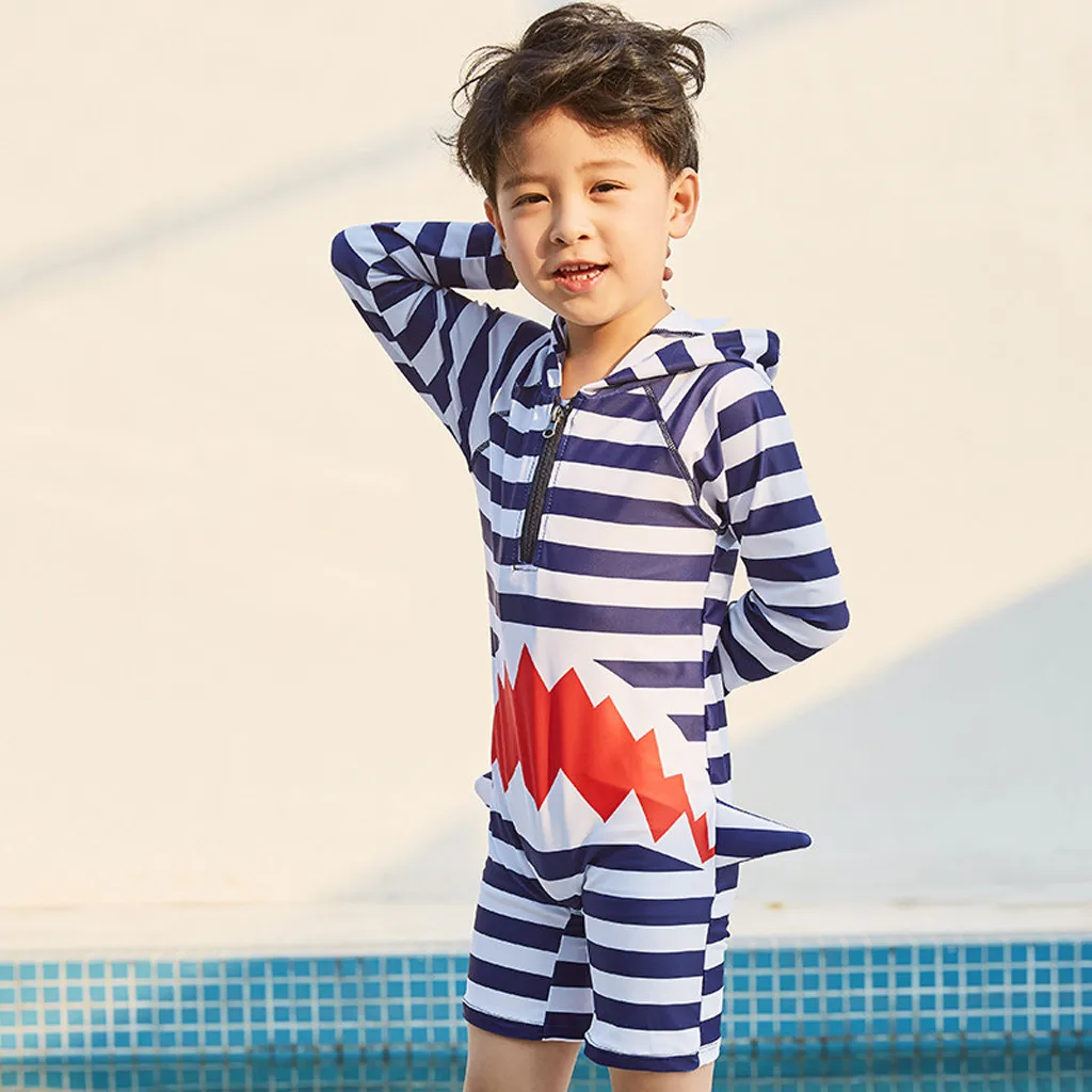 New summer bathing suit Boys Long Sleeve Conjoined Boxer Shark Print Swimsuit Hooded Sunscreen Swimwear 30