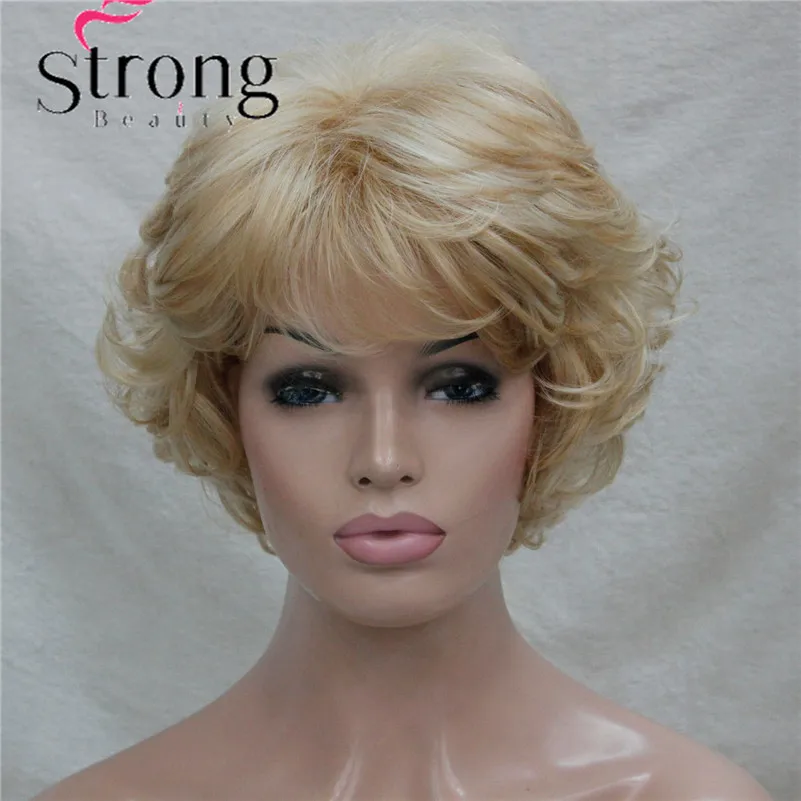 L-427B 24H613 Women`s Wig Wavy Curly Golden Blonde mix blonde Short Synthetic Hair Full Wig (1)