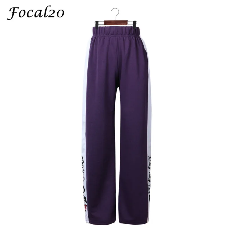 

Focal20 Streetwear Letter Print Cat Paw Women Pants Hit Color Wide Leg Pant Elastic Waist Loose Straight Full Length Trousers