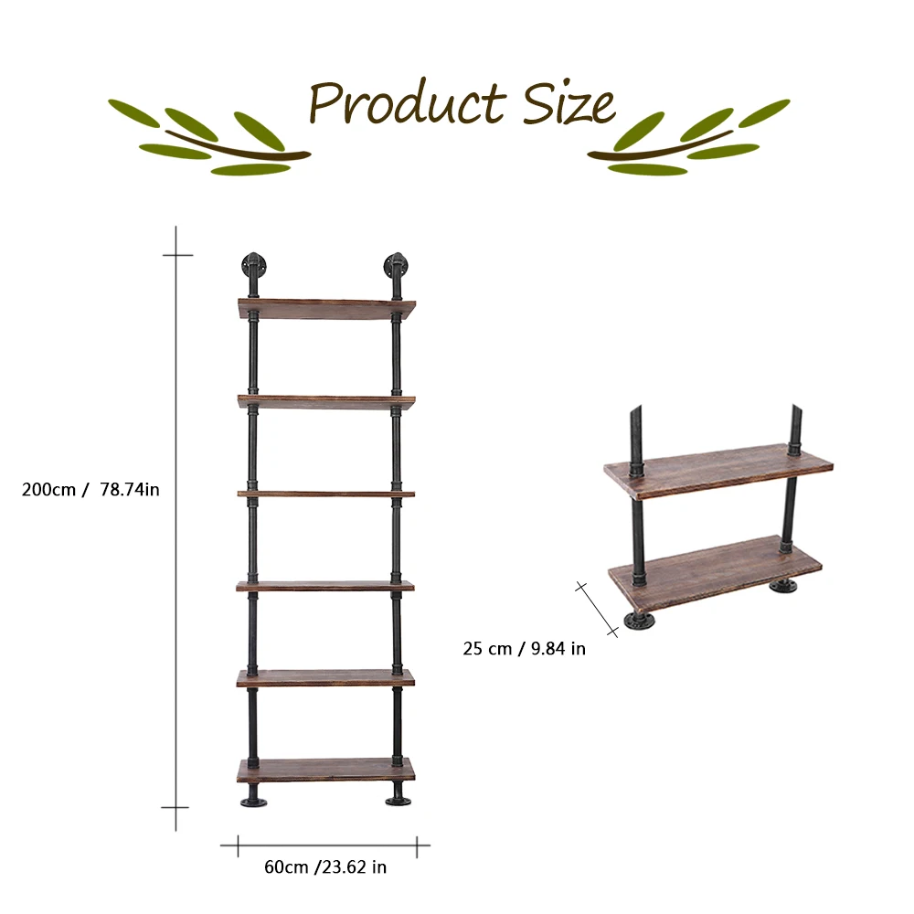 iKayaa-6-Tier-Rustic-Industrial-Ladder-Wall-Shelves-Wood-Planks-Iron-Pipe-Standing-Book-Shelf-Storage