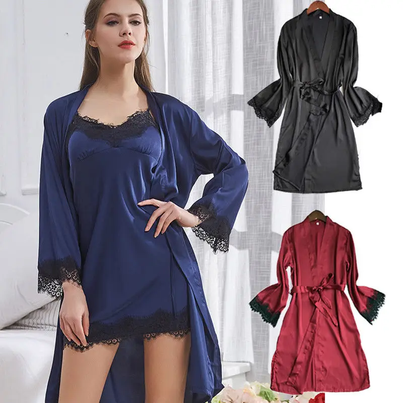 

Women's Sexy Silk Satin Pajamas Sleepwear Vintage Midi Night-Robe Nightwear Gown