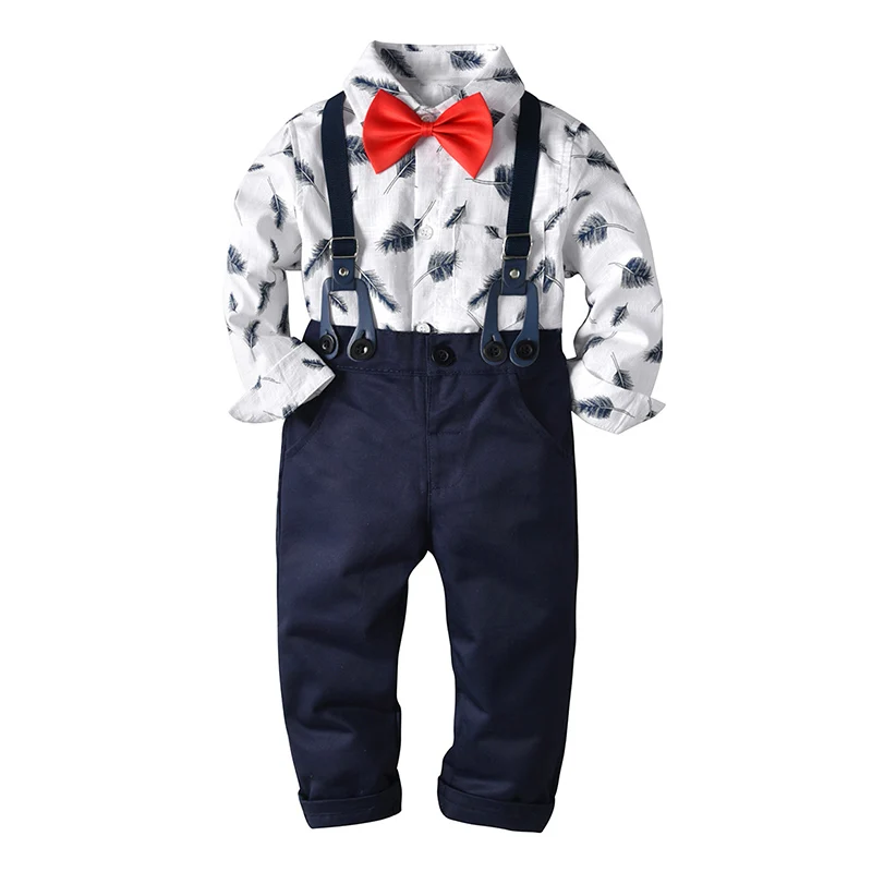 

2019 Boys Spring Clothing Set Kids Fall Outfits Fashion Toddler Cotton Feather Shirt+ Overalls Gentleman Set Children Clothes