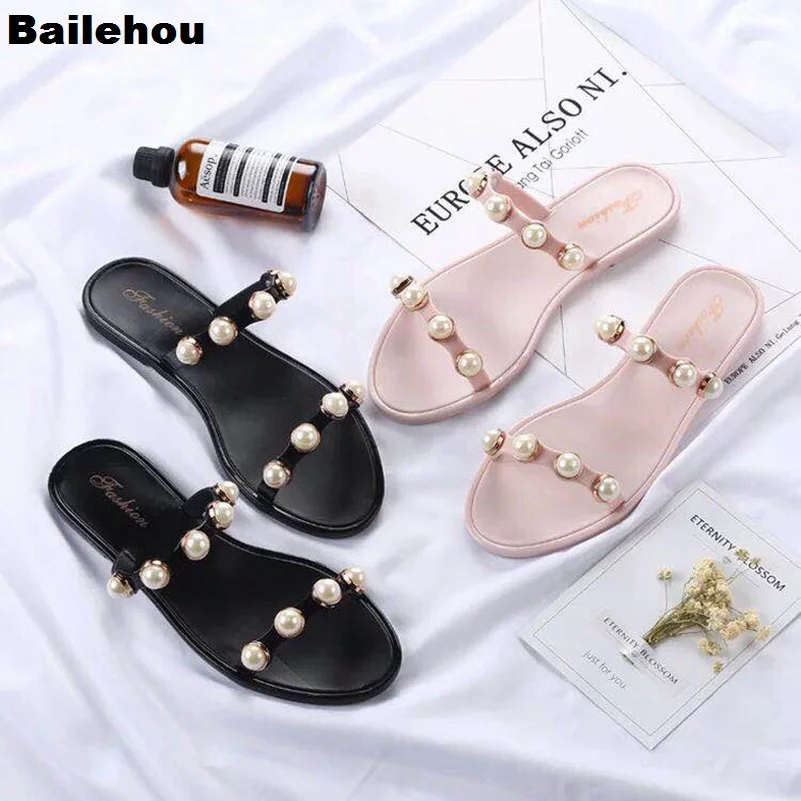 

Bailehou Women Beach Slippers Slip On Slides Fashion String Bead Pearl Flip Flips Sandal Home Slippers Summer Shoes Soft Slipper