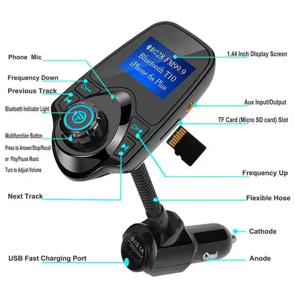 8 в 1 T10 беспроводной автомобильный Bluetooth fm-передатчик для автомобиля с 1,44 дюймовым дисплеем USB зарядное устройство MP3-плеер передает tf-карту Au