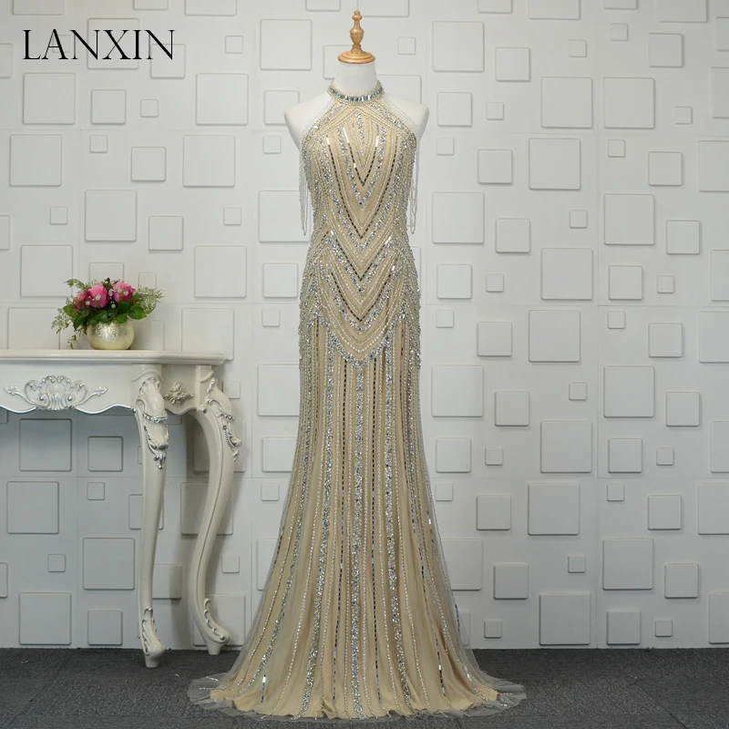 

New Arrival Luxury Beading Crystal Evening Dresses Mermaid Gold Silver Floor Length Women Formal Evening Gown Robe de Soiree