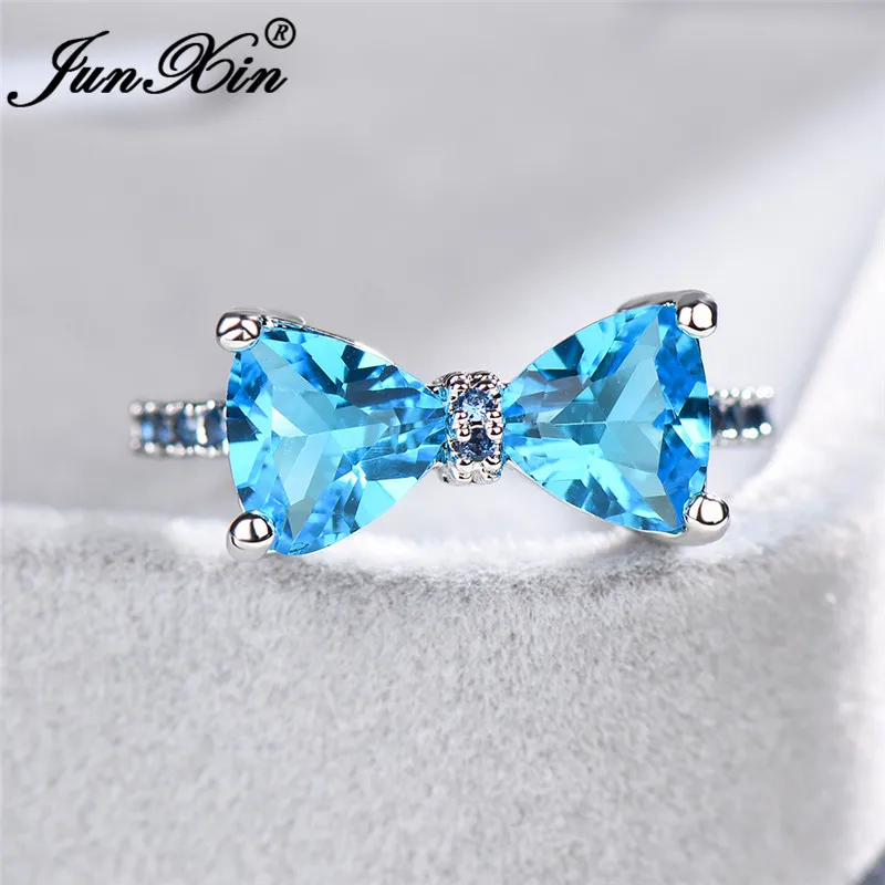 JUNXIN Female Crystal Bowknot Ring Silver Color Cute Minimalist Dainty Wedding Thin Rings For Women Red Blue Zircon Ring