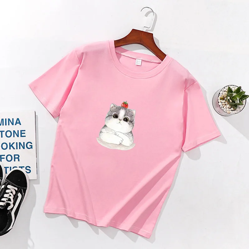 

S-3XL Cat Printed Spandex Soft Feeling T Shirt Women Shirts O Neck Short Sleeve Summer T-Shirt Tops Casual Pink TShirt