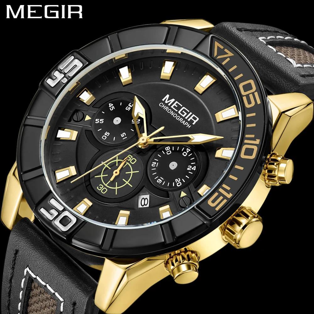 

MEGIR Luxury Top Brand Men Fashion Sports Watches Men's Waterproof Quartz Watch Men Gold Leather Army Military Wristwatch Mens