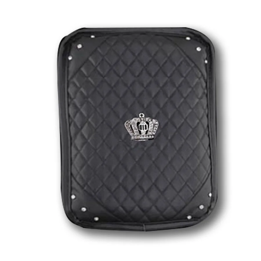 PU Leather Car Armrests Box Cover Pad Crown Crystal Rhinestone Vehicle Center Console Arm Rest Box Cushion Car Accessory