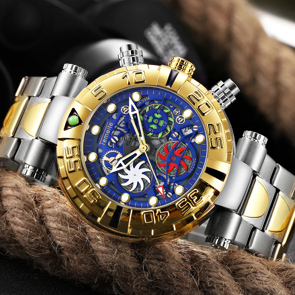 TEMEITE лучший бренд класса люкс кварцевые часы для мужчин Chrono ветряная мельница дизайн Дата золотой нержавеющая сталь Ремешок Модные многофункциональные часы