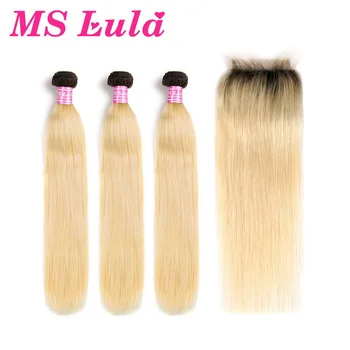

MS Lula Hair Ombre Brazilian 1b/613 Blonde Dark Roots Straight Weave 3 Bundles With 4X4 Closure 100% Human Remy Hair Extensions