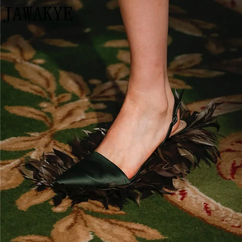 Элегантные женские босоножки черного цвета с Сатиновыми перьями; женские свадебные вечерние туфли с острым носком на высоком тонком каблуке-шпильке с ремешком сзади для подиума - Цвет: army green