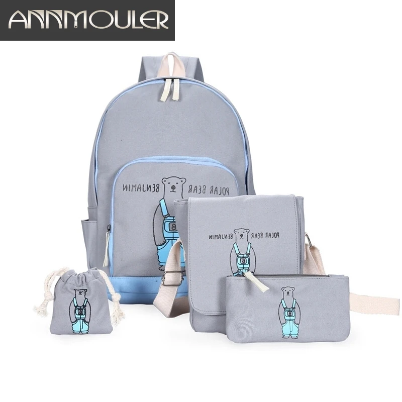 

Annmouler Fashion Backpack for Women 4 Pcs Canvas Rucksack Cartoon Print Laptop Bag Large Capacity Bagpack Girls School Bags