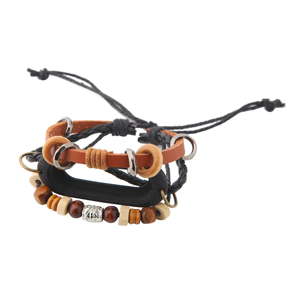 

New Fashion Leather Band Smart Wristband Band Beading Bracelet Strap Weave Braided Replacement For Xiaomi Mi Band 3 l0907#3